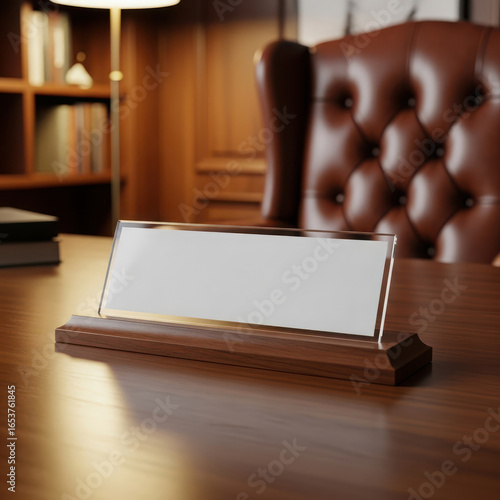 Empty name plate on a wooden desk in a professional office setting