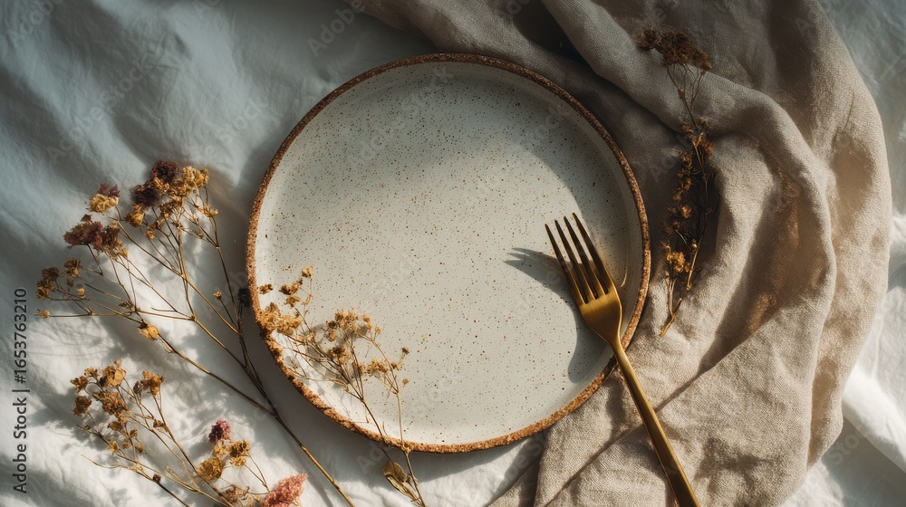 Fototapeta premium Minimal dining background flatlay with speckled ceramic plate dried flowers and gold fork on beige linen, clean white surface with generous copyspace