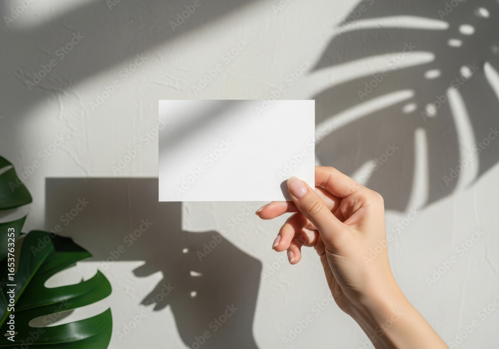 Obraz premium Hand holding blank white card with tropical plant shadows and light