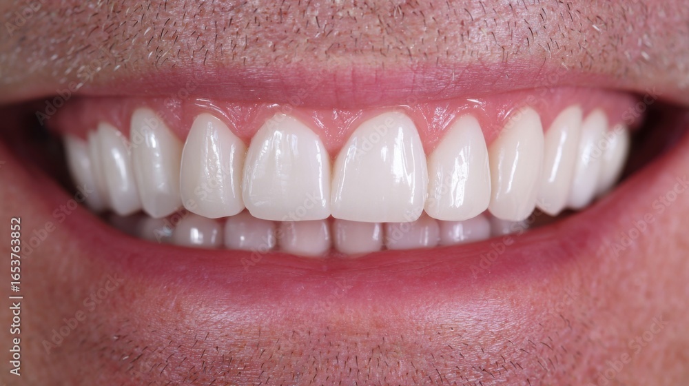 Obraz premium In this close-up view, a bright smile reveals well-aligned, white teeth during a dental care session. The setting indicates a focus on oral health and aesthetics.