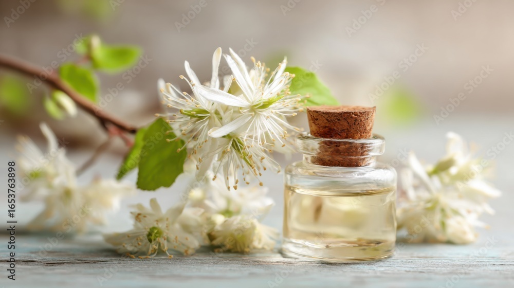 A clear glass bottle filled with essential oil sits among fresh white flowers and green leaves on a weathered wooden table. The natural light enhances the serene atmosphere. A clear glass bottle filled with essential oil sits among fresh white flowers and green leaves on a weathered wooden table. The natural light enhances the serene atmosphere.