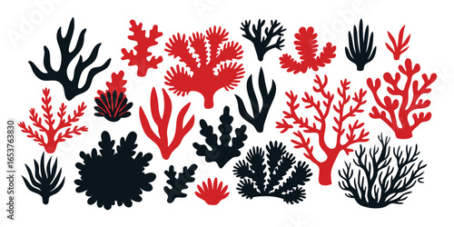 Seaweed and Coral Silhouette Icon Set. A collection of red and black marine plant graphic elements for modern ocean logos, underwater patterns, and summer illustrations.