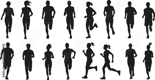 Silhouettes of people running in various poses, athletic motion, sports and fitness lifestyle, outdoor jogging, exercise, healthy living, human movement