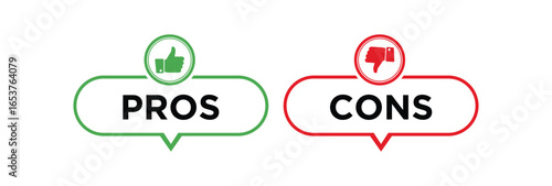 Vector art of pros and cons comparison with thumbs up and thumbs down icons.