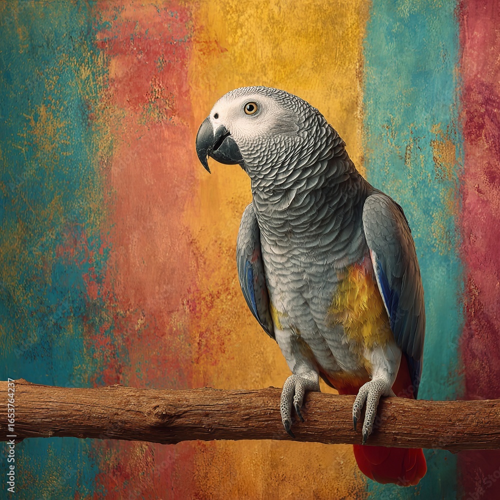 Obraz premium Intelligent African grey parrot perched on a branch against a vibrant, colorful backdrop.