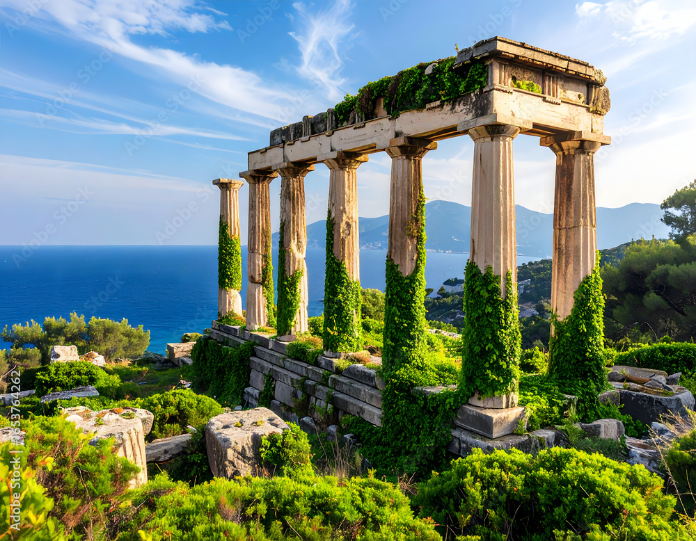 Obraz premium Ancient Ruins of Doric Temple in Seaside Landscape A Journey Through Time