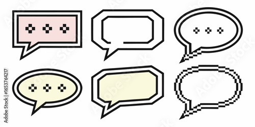 Pixel Art Speech Bubble Icon Set. A collection of 8-bit retro video game dialog box graphic elements for chat UI design, comic text frames, and game assets.