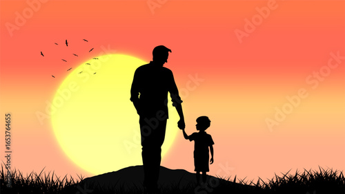A touching silhouette of a father and son holding hands while walking together at sunset, symbolizing love, guidance, and the bond between generations in a peaceful natural setting