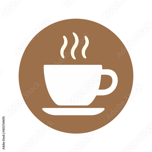 Minimalistic Coffee Cup Icon with Steam on a Brown Circle Background