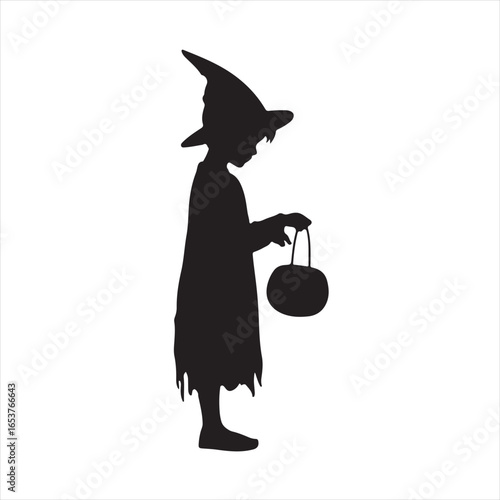 Halloween Witch Kid Silhouette Carrying a Candy Bucket - Vector Illustration