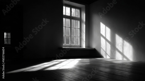 Wallpaper Mural Sunlight filters through a large window, casting intricate shadows on the wooden floor of an empty room. The late afternoon light creates a serene atmosphere. Torontodigital.ca