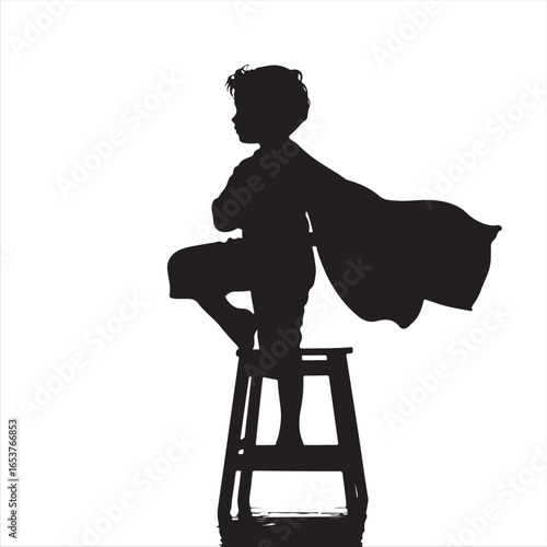 Black Silhouette of a Kid Striking a Hero Pose on Chair Wearing Cape – Vector Illustration