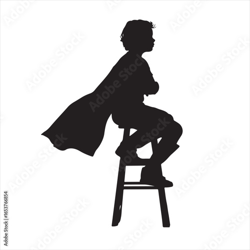 Child Superhero Silhouette on Chair with Cape in the Wind – Vector Illustration