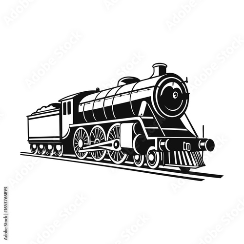 Vintage Train: A classic black and white illustration of a vintage steam train, perfectly capturing the grandeur of a bygone era, symbolizing travel and engineering