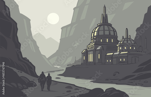 Mysterious castle on mountain with river at sunset