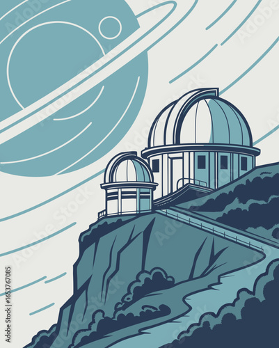 Observatory on a Hillside with a view of Planet and Ring System