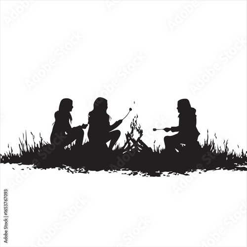 Group Silhouette Enjoying a Campfire Picnic with Marshmallows – Vector Illustration