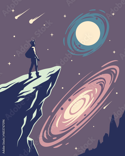 Man contemplating the universe, gazing up at stars and cosmos 