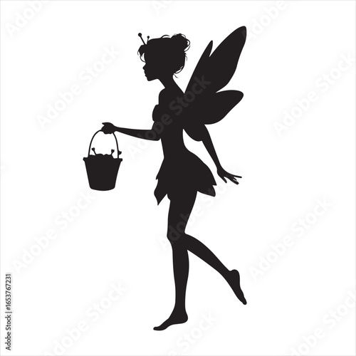 Halloween Fairy Silhouette Carrying a Candy Pail While Flying - Vector Illustration