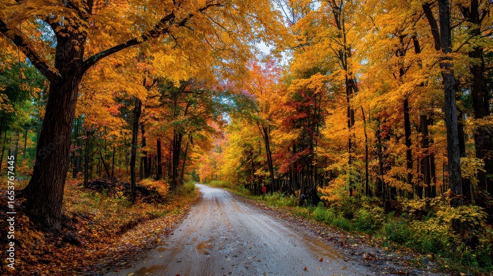 Obraz premium Michigan Rural. Colorful Autumn Trees at Peak Along Biking Trail in Forested Landscape