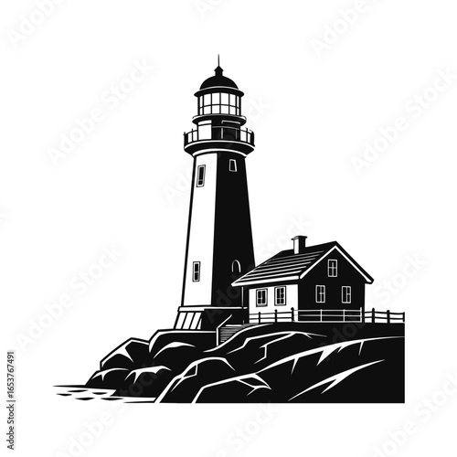 Coastal beacon in silhouette: A tall, stately lighthouse stands proud on a rugged cliff face, a symbol of guidance and safety against the ocean's might. Captured in monochrome.