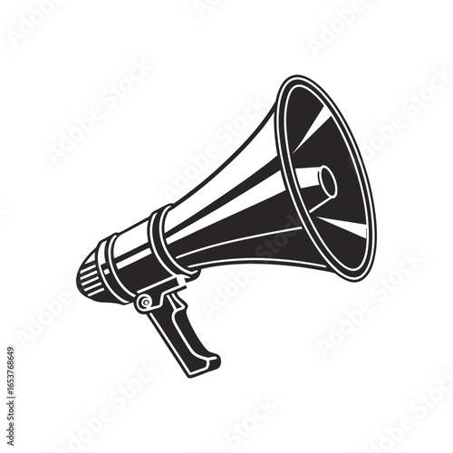 Loudspeaker: A simple loudspeaker rendered in stark black and white, suggesting a powerful call to attention or announcement. 
