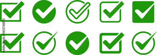 Collection of green checkmarks in various shapes and styles on a light background