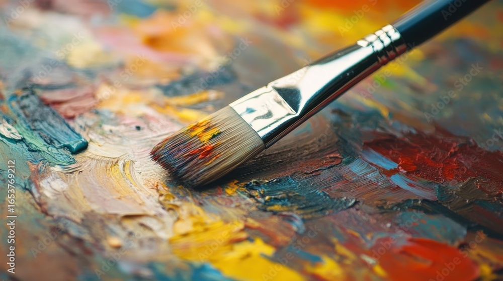 Fototapeta premium Vibrant paintbrush resting on colorful palette in studio