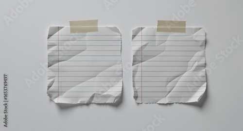 Crumpled Lined Paper Notes, Blank Template, Torn Edges, Mockup
