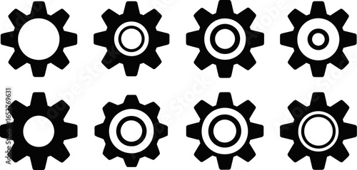 Collection of eight black gear icons with different internal designs on a light grey background