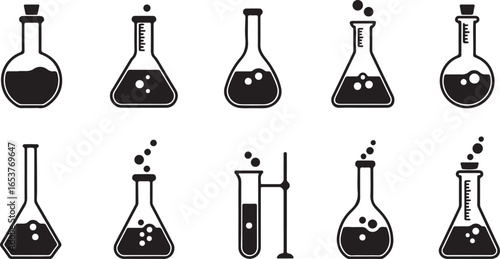 Assortment of Black and White Laboratory Flasks and Test Tubes with Bubbles science equipment