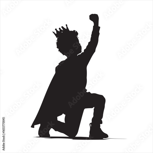 Silhouette of a Boy Cosplaying as a Superhero Wearing a Crown Striking a Heroic Pose – vector illustration