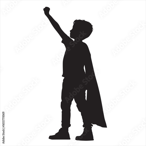 Silhouette of a Boy Cosplaying as a Superhero Striking a Heroic Pose – vector illustration