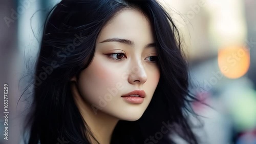 Wallpaper Mural Woman portrait with long black hair and closed eyes, serene expression and soft natural makeup outdoor setting, thoughtful gaze Torontodigital.ca