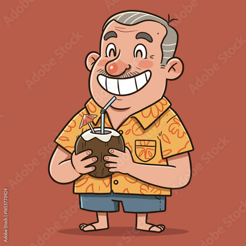 Smiling cartoon man with gray hair and mustache holding a coconut drink, dressed in a yellow floral Hawaiian shirt, blue shorts, and flip-flops, set against a reddish-brown background.