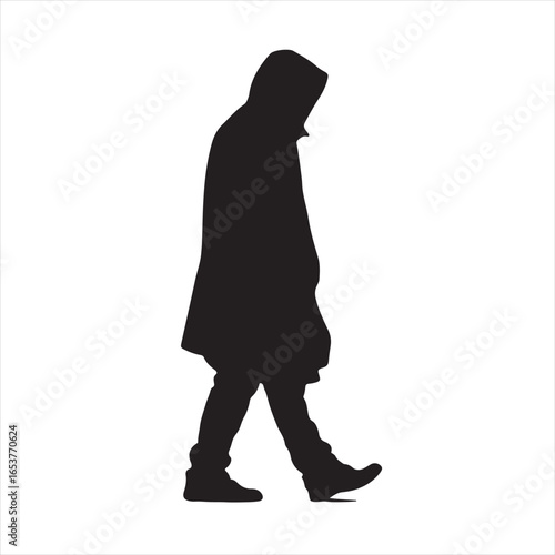 Black Silhouette of a Man in Cloak Walking Mysteriously from Side View – Vector Illustration