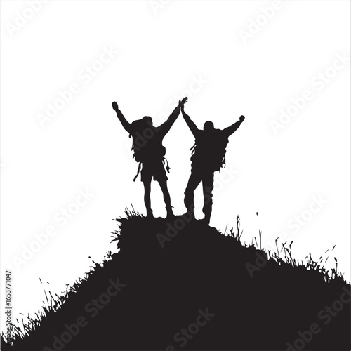 Silhouette of Two People Celebrating with Raised Hands on Mountain Peak – Vector Illustration