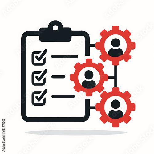 Vector of checklist and flowchart gears with people. Symbol of roles and responsibilities. Icon of compliance role.