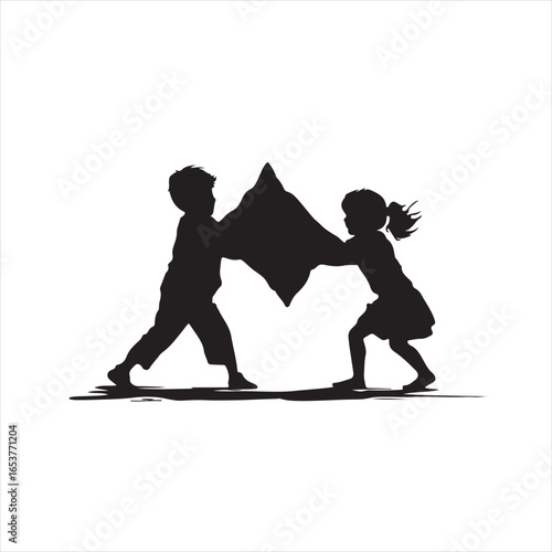 Children in Action During Pillow Fight – Silhouette Vector Illustration