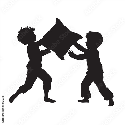 Fun Pillow Fight Between Children in Black Silhouette – Vector Illustration