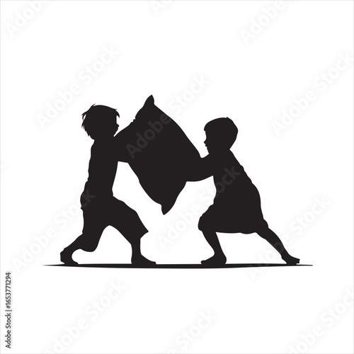 Children Playing Pillow Fight in Silhouette Style – Vector Illustration