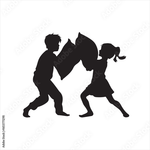 Black Silhouette of Kids Having a Pillow Fight – Vector Illustration