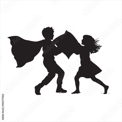 Black Silhouette of Superhero Kids Pillow Fighting – Vector Illustration