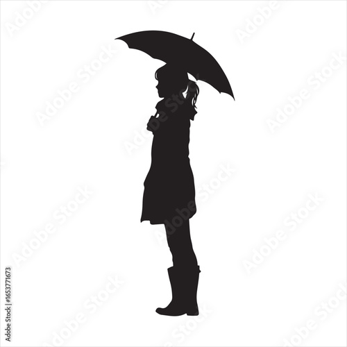 Black Silhouette of a Woman in Winter Clothes with Boots Holding an Umbrella – Vector Illustration
