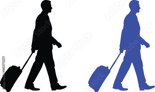 Silhouette of man with suitcase travel and business concept editable