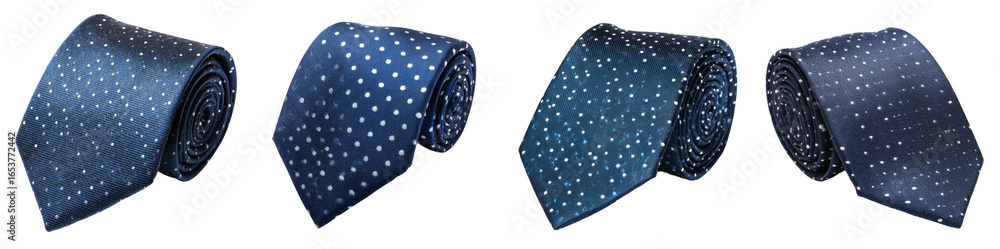 Four elegant rolled navy blue polka dot neckties, classic menswear accessory, studio shot, PNG set Transparent backround Four elegant rolled navy blue polka dot neckties, classic menswear accessory, studio shot, PNG set Transparent backround