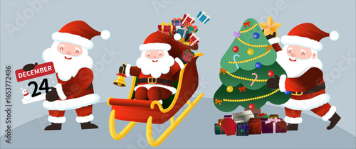 A set of Santa Claus illustrations, holding a calendar, sitting in a sleigh and putting a star on the Christmas tree