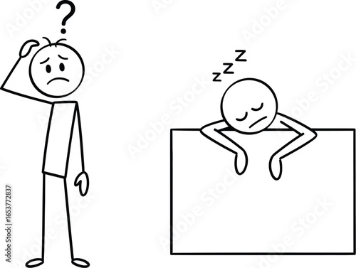Stick figure confusion and sleep concept vector illustration editable