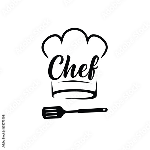 Chef Hat, Chef Text, Spatula Utensil with Outline Black on White Background