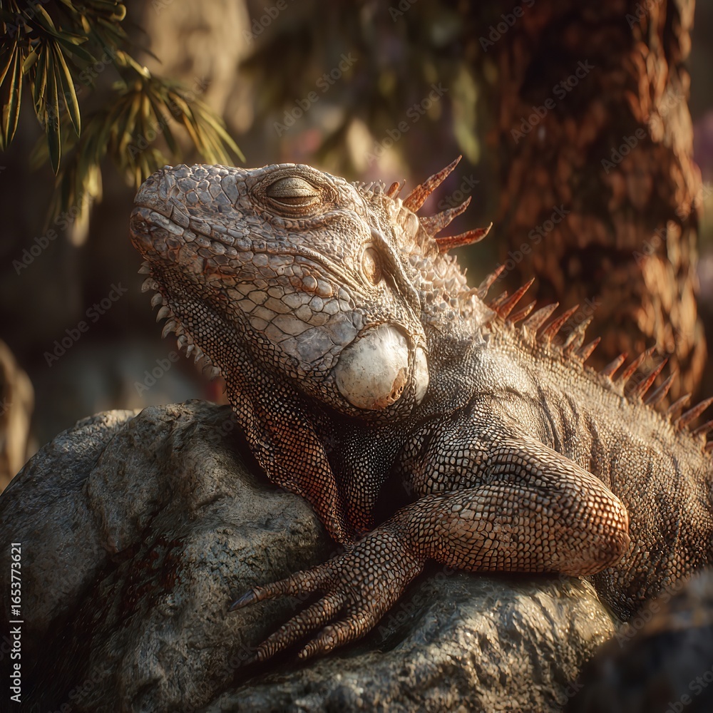 Fototapeta premium A serene iguana basks in warm sunlight on a mossy rock, its eyes closed in peaceful repose.